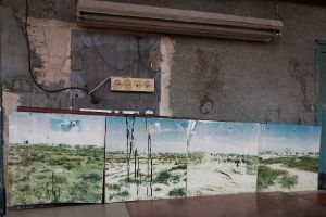 Four photographs of a desert landscape are leaning on an old, broken wall.